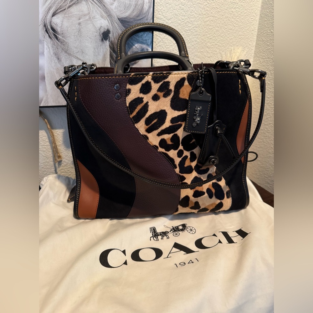 Coach Rogue Leopard Print and Brown Leather Bag